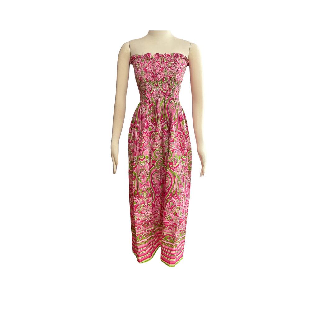 1990s Paisley Strapless Maxi Dress: Pink Green Mod Boho Summer Smock Size Small